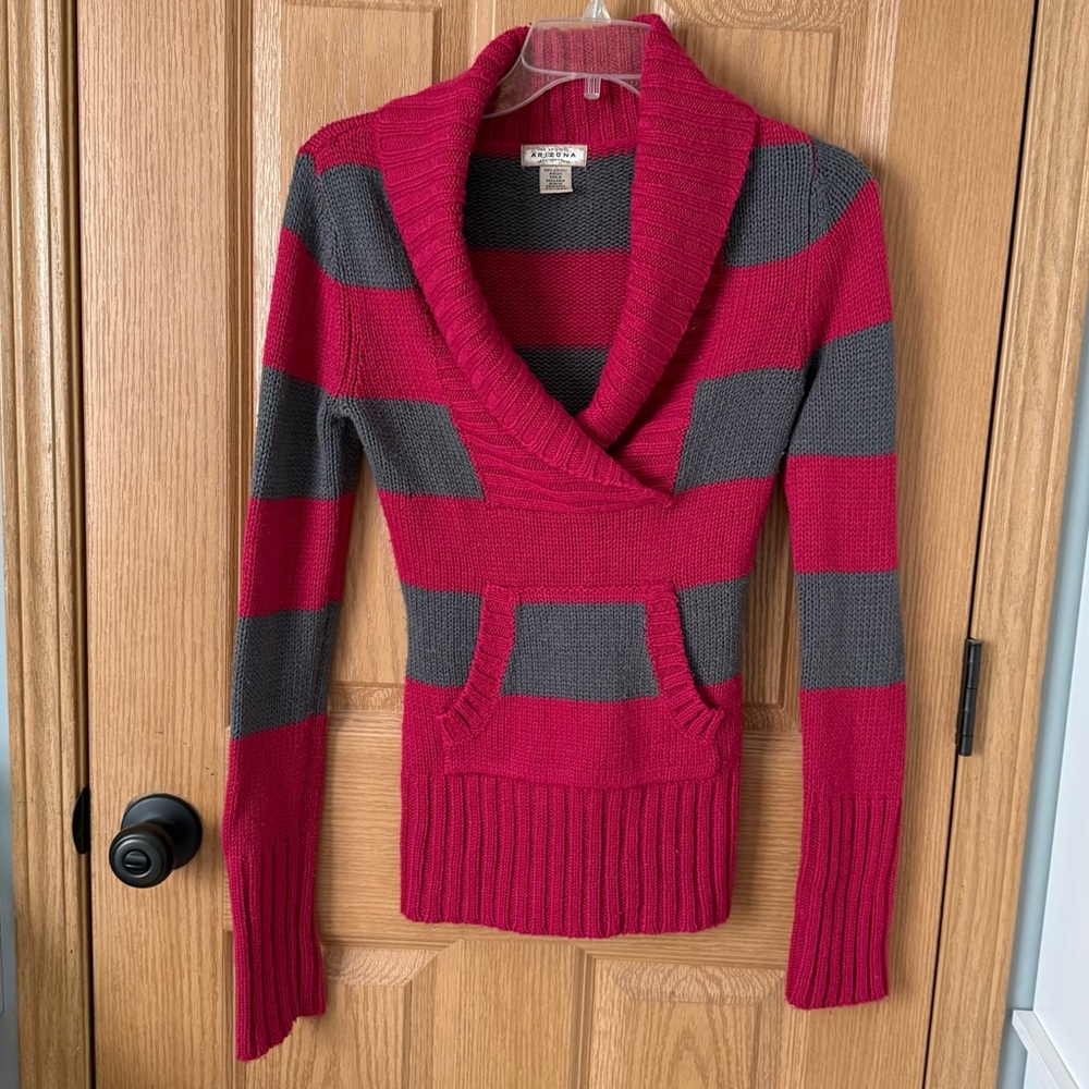 Arizona Jean Company Red & Gray Striped Shawl-Collar Sweater